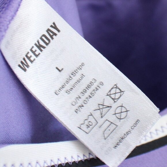 Weekday Purple White Emerald Vertical Stripe One Piece Swimsuit Size Large - Picture 4 of 5